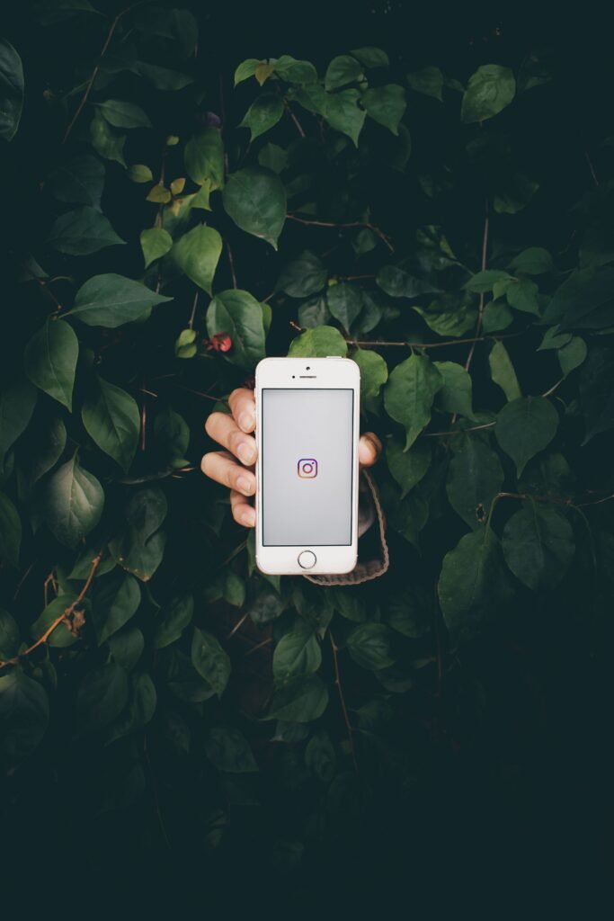 A hand holding a smartphone displaying the Instagram icon amid lush green leaves.